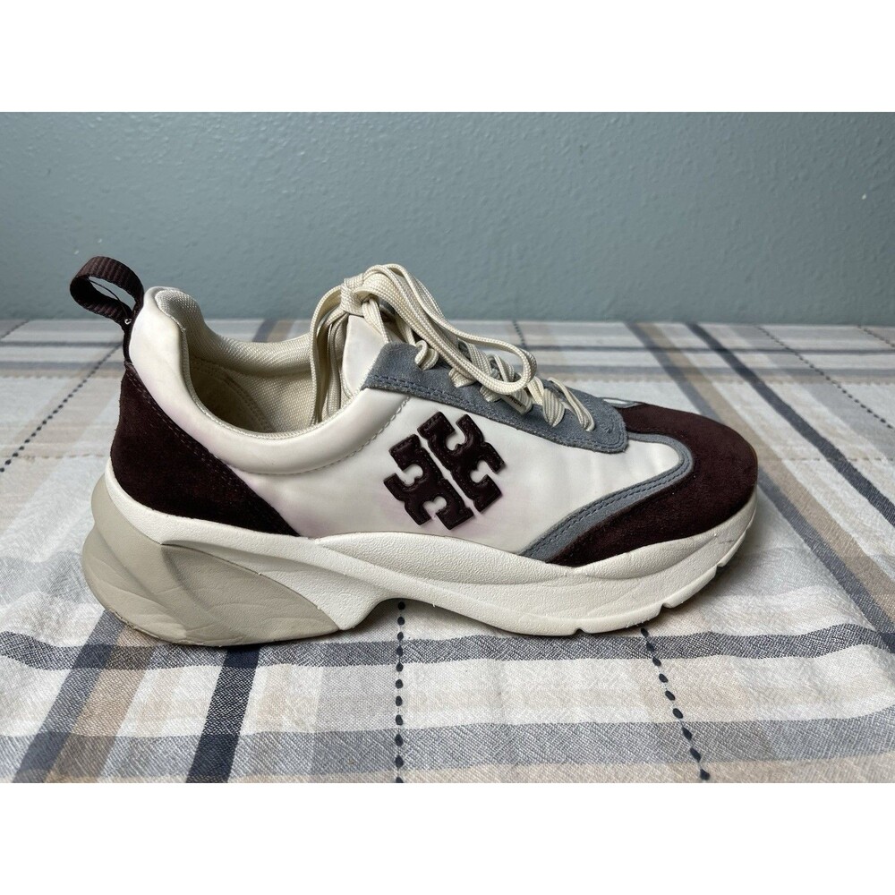 Tory Burch Good Luck Trainer Sneakers Cream Brown Suede Chunky Womens Size 8 - Picture 4 of 10